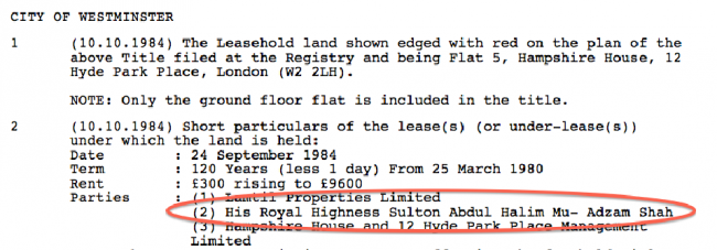 The Agong's interest in Flat 5 Hampshire House, London property register