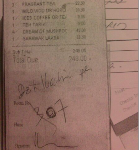 'Dato' Ibrahim Ali' of Room 307 signed the bill at the Harbour Hotel