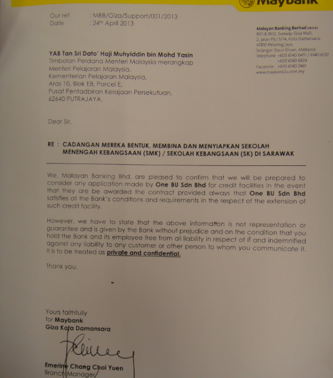 Letter of recommendation from Maybank assuring access to credit facilities - send to DPM Muhyiddin Yassin
