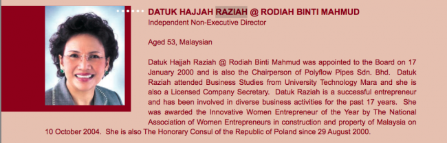 Quality Concrete's Annual Report 2009 - Taib's sister Raziah already had acquired lands amounting to the area of Singapore. 