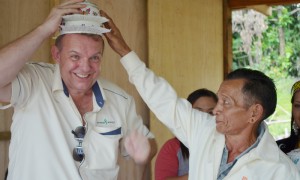 Sjotveit posing with the headman who later accused him of betraying his Penan people.