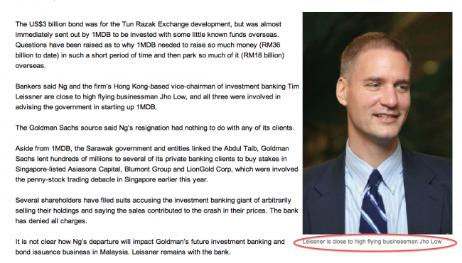 How the business portal The Edge recently linked Goldman's Time Leissner, Robert Ng and Jho Low as the key players in 1MDB. Aabar investments was a key player in Goldman's bond issue for Tanjung Power.