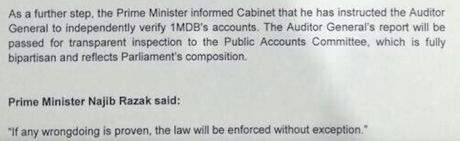 Despite 1MDB being "cleared" the PM has at last relented to calls to bring in the Auditor General