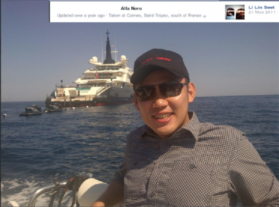 Facebook foible - Vice-President of Jho Low's Jynwell Capital Li Lin Seet living it up on the Alfa Nero yacht at St Tropez -  rental USD$1.2million a week