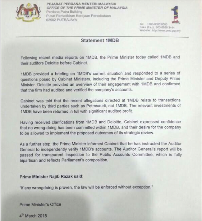 "Having received clarifications .. Cabinet expressed confidence that no wrongdoing had been committed by 1MDB"