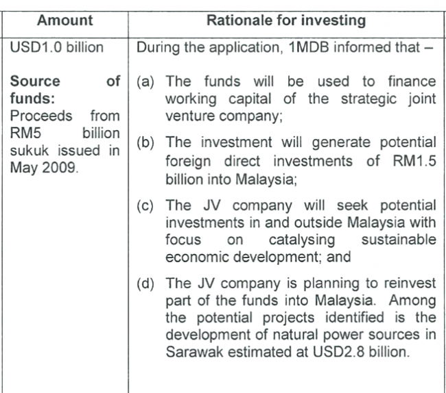 The regulatory  authorities at the Bank Negara Malaysia were told all the original 1 billion of 1MDB's money was being spent by the JV on investments that would bring 'direct foreign investment' into Malaysia.  In fact $700 million went straight to Jho Low's company