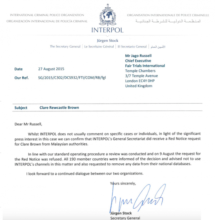 Segment of the letter from INTERPOL