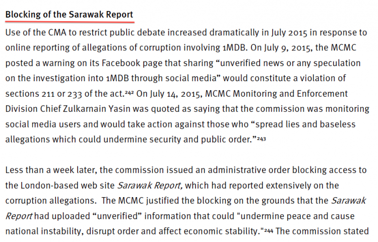 Amongst other cases, Human Rights Watch highlight the use of arbitrary laws against Sarawak Report 