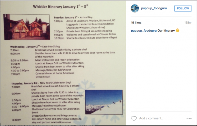 Itinerary days 1-3 - uploaded onto instagram by the bragging guests