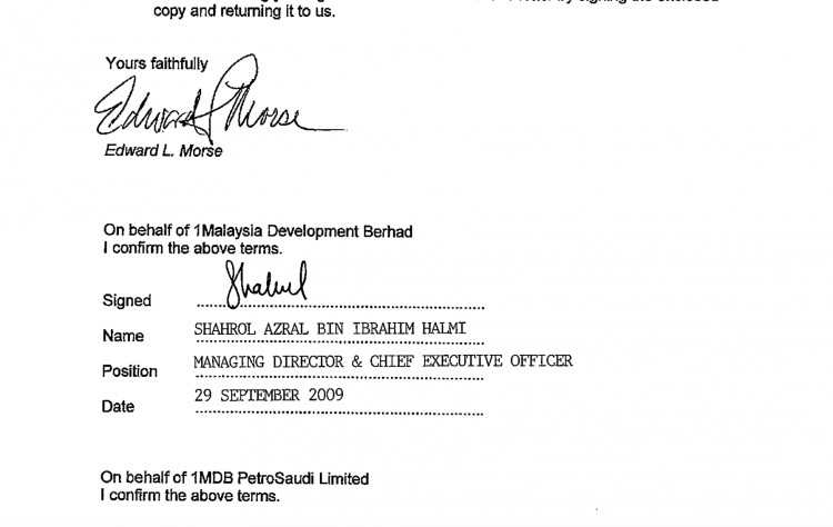 Surat padu mangku pengawa Morse bekaul enggau atur netapka rega PetroSaudi udah disain 1MDB SEPENGUDAH satu billion dollar dipindahka