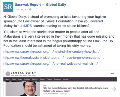 Ba bulan Disember tu tadi Sarawak Report udah meri tuduh penemu ngagai Global Daily ti madahka pengawa sida ti ngangkatka pemanah nama enggau pengawa Jho Low nya deka ngujungka sida napi jaku kutuk ari rayat Malaysia 