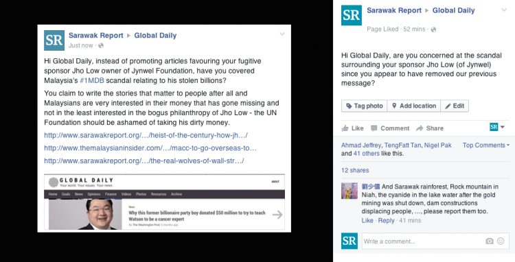 Sarawak Report was shocked to see its comment removed by Global News's Facebook team