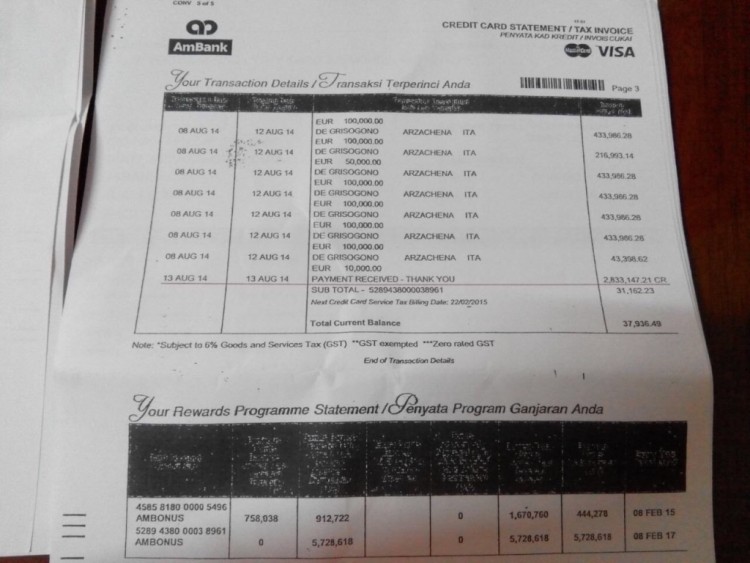 Euros 660,000 received from the Sardinian branch of jewellers Grisogno in summer 2014 on Najib's platinum card