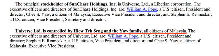 Beneficial owners of Sunchase were the Yaw family of Malaysia