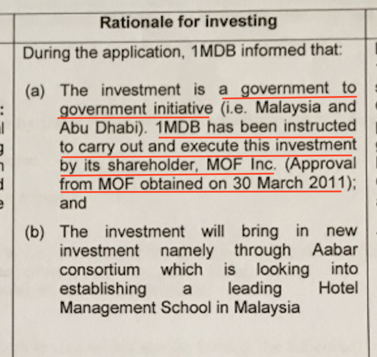 The Minister of Finance, Najib Razak, approved this investment on the basis of a blatant lie
