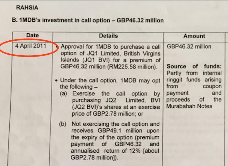 Almost identical sum on the same date - 1MDB agreed to pay £46.32 million to the very companies used by Jho Low for the hotel bid JQ1 / JQ2