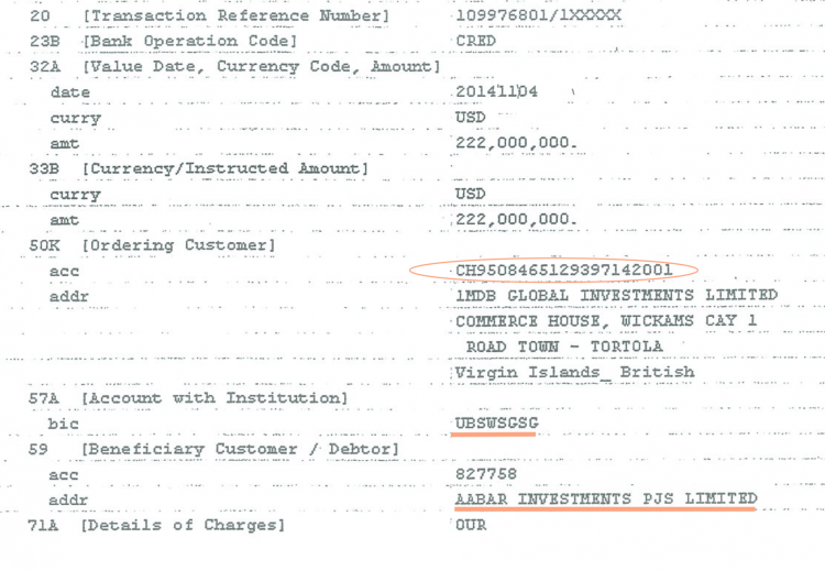 Ordering customer was 1MDB Global's account holder BSI Lugano. The beneficiary was the bogus Aabar, using its UBS account in Singapore