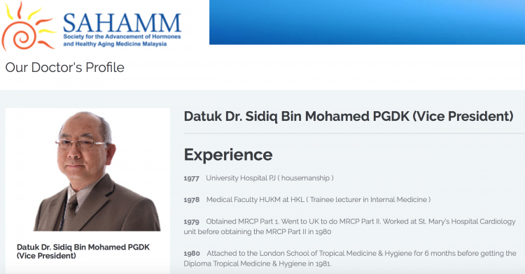 Hormone based anti-ageing clinic whose doctor is none other than a Datuk Sidiq bin Mohammed