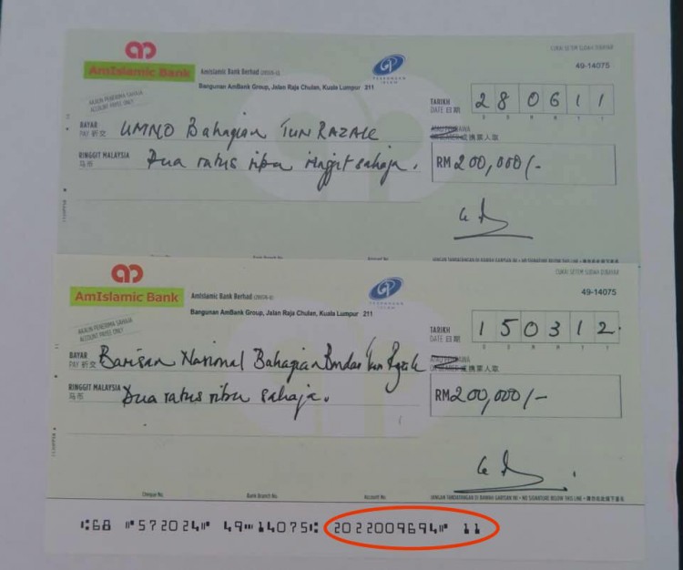 Cheques from the same bank account that received RM2.6 bn and more from 1MDB