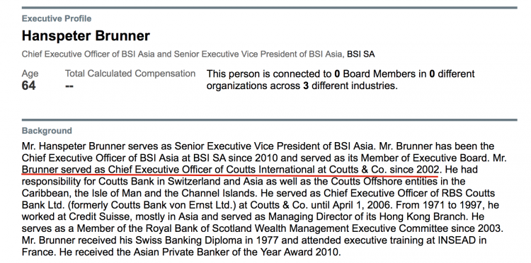 Brunner remains grounded in Singapore pending further investigations against individuals from Coutts/BSI