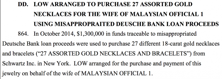 The DOJ listed Rosmah's diamonds as part of a cache of jewellery bought by Jho Low totalling $200 million in money stolen from 1MDB