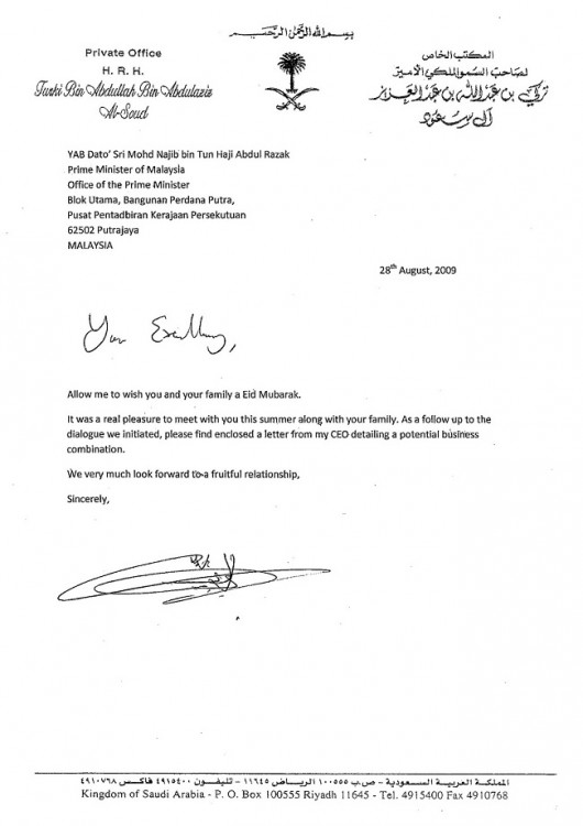 Prince Turki's similar letter to Najib
