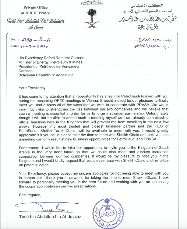 Prince Turki's letter to Venezuela