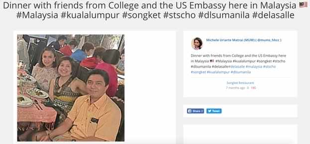 Matrai's wife posting from a party at the US Embassy in KL in September 2017