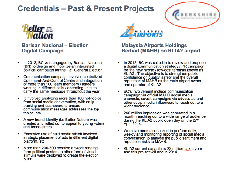 Berkshire Communications, owned by SCL's former KL manager, ran BN's 2013 digital campaign