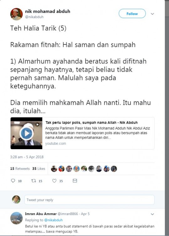 April 5th - Nik Abduh said he would not file a police report