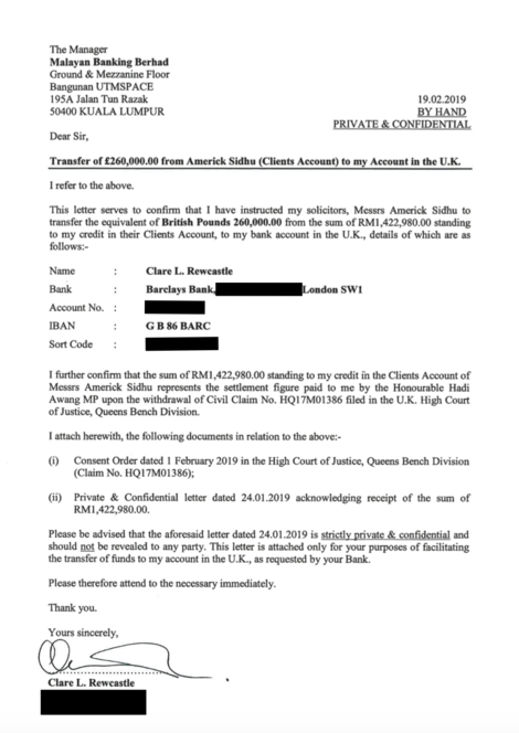 Covering letter to bank. Personal details redacted 