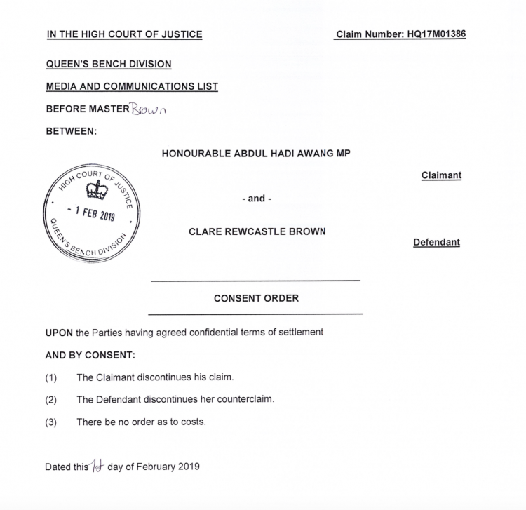 The order was stamped Feb 1st by the London High Court. Terms remain confidential