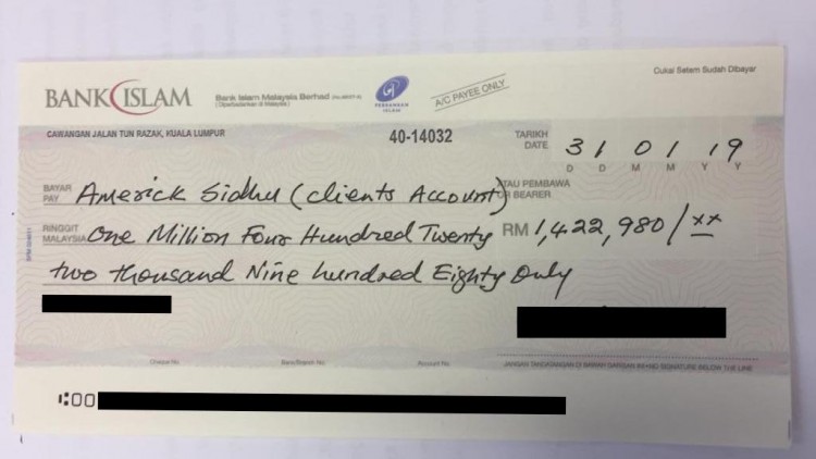 The cheque that was placed in escrow with SR's KL lawyer on condition that the Hadi case was allowed to be discontinued in the UK