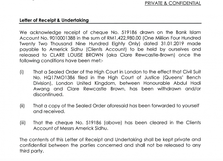 The out of court agreement made at the time that the cheque of RM14.m was placed in escrow with Sarawak Report's solicitor