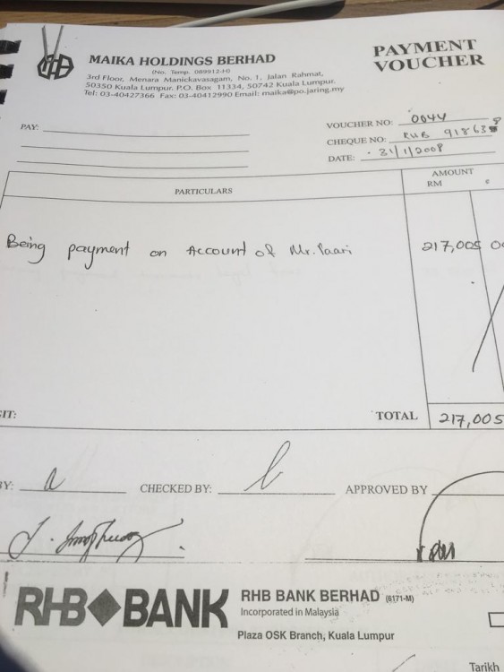Cash payment to Vell Paari? Part of the documentation now lodged with MACC