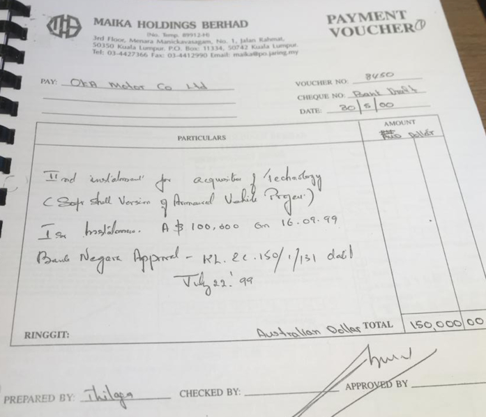 One of several alleged payments submitted related to OKA Motors in Perth