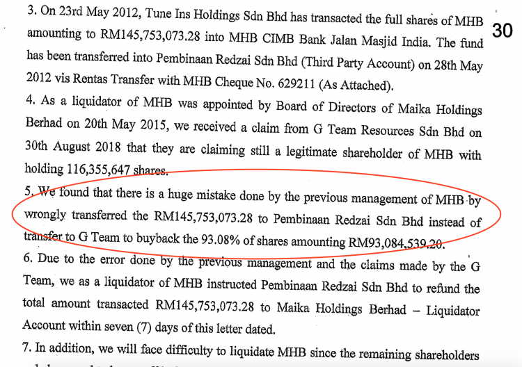 Letter from the liquidator to Gnanalingan as owner of Pembinaan Redzai