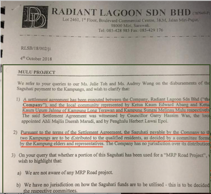 Radiant Lagoon admitted it paid a 'settlement agreement' but only to a handful of headmen to spend as they wished