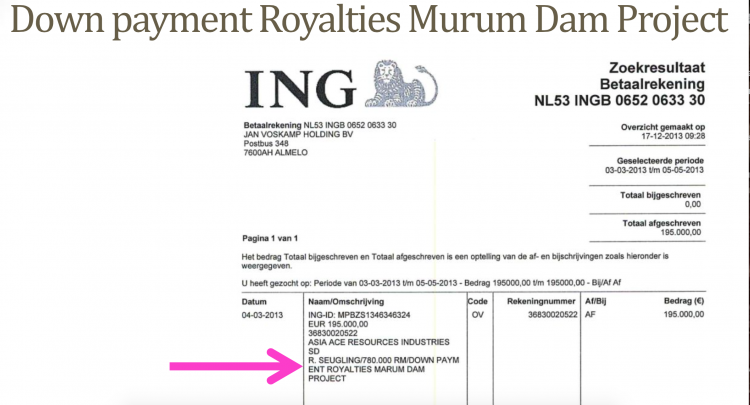 The transaction was registered with ING Bank as being payment for the Murum Contract