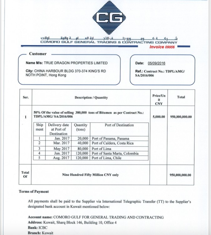 Invoice for CNY900,000,000.00 in return for 'bitumen supplies'