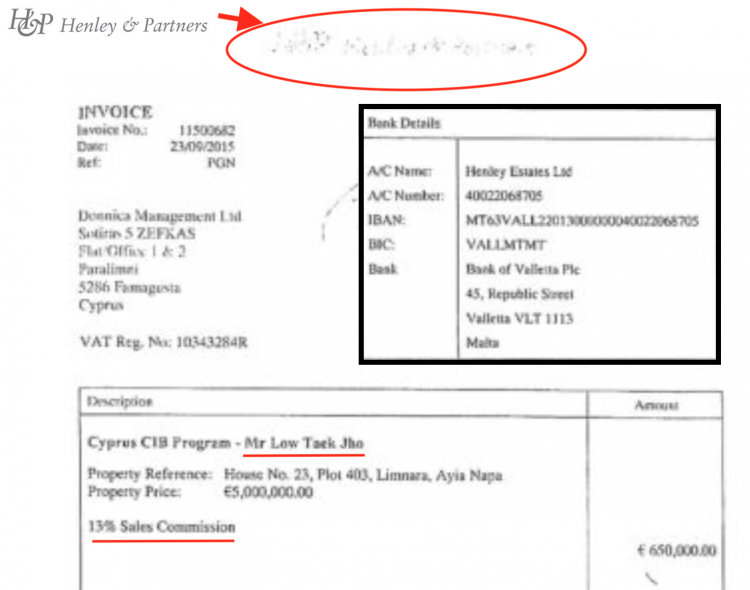 Explosive invoice for 13% commission on the Jho Low deal demanded by Henley Estates