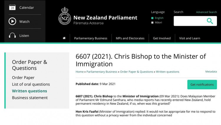 Ministerial reply to Chris Bishop in New Zealand