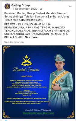 Pahang Prince Regent lauded on the Gadang Group website